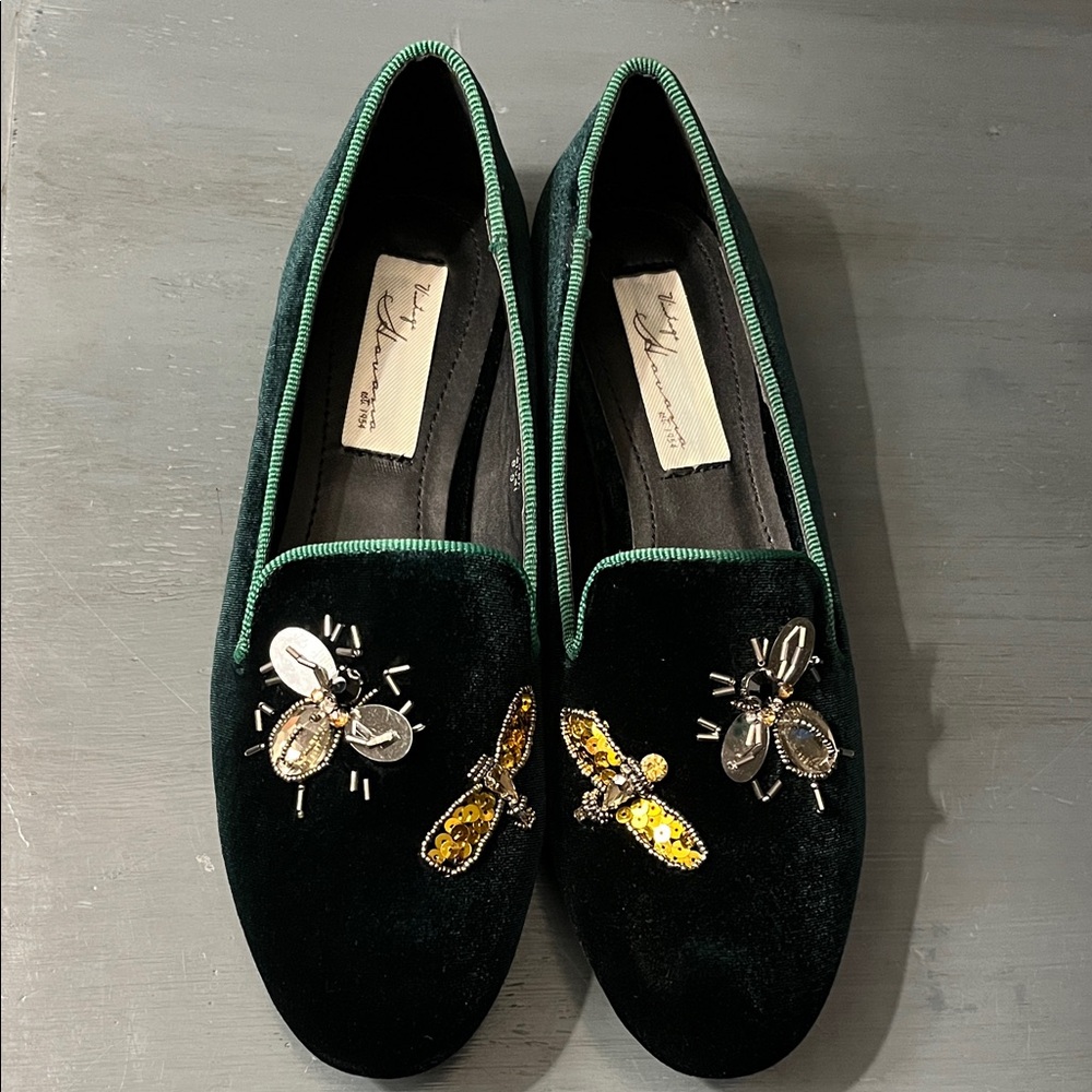 Vintage Havana Hunter Velvet Loafers with Embellished Insects in Dark Green NWOB